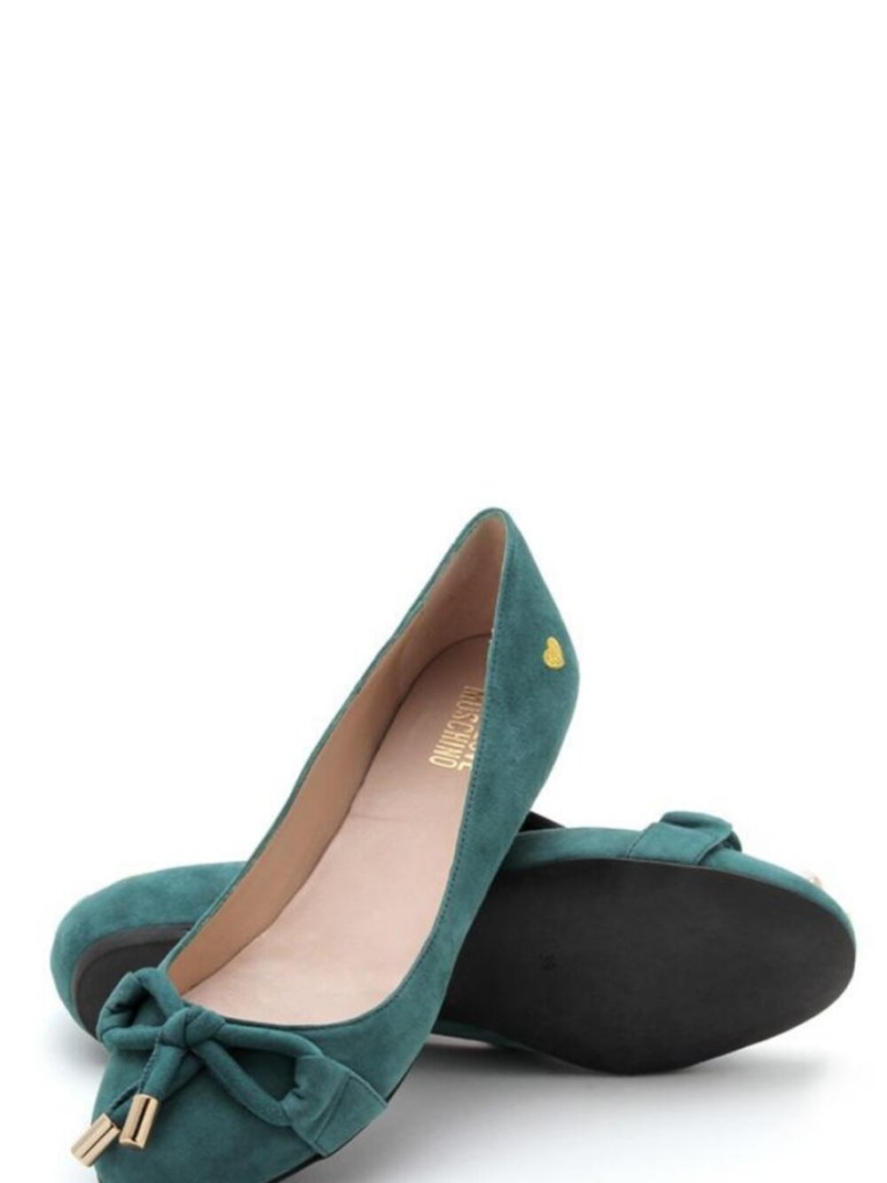 Love Moschino Oil Green Leather Ballet Flats Gold Bow NEW